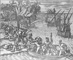 The French Fleet Plundering and Setting Fire to the Town of Chioreram, engraved by Theodore de Bry (1528-98)